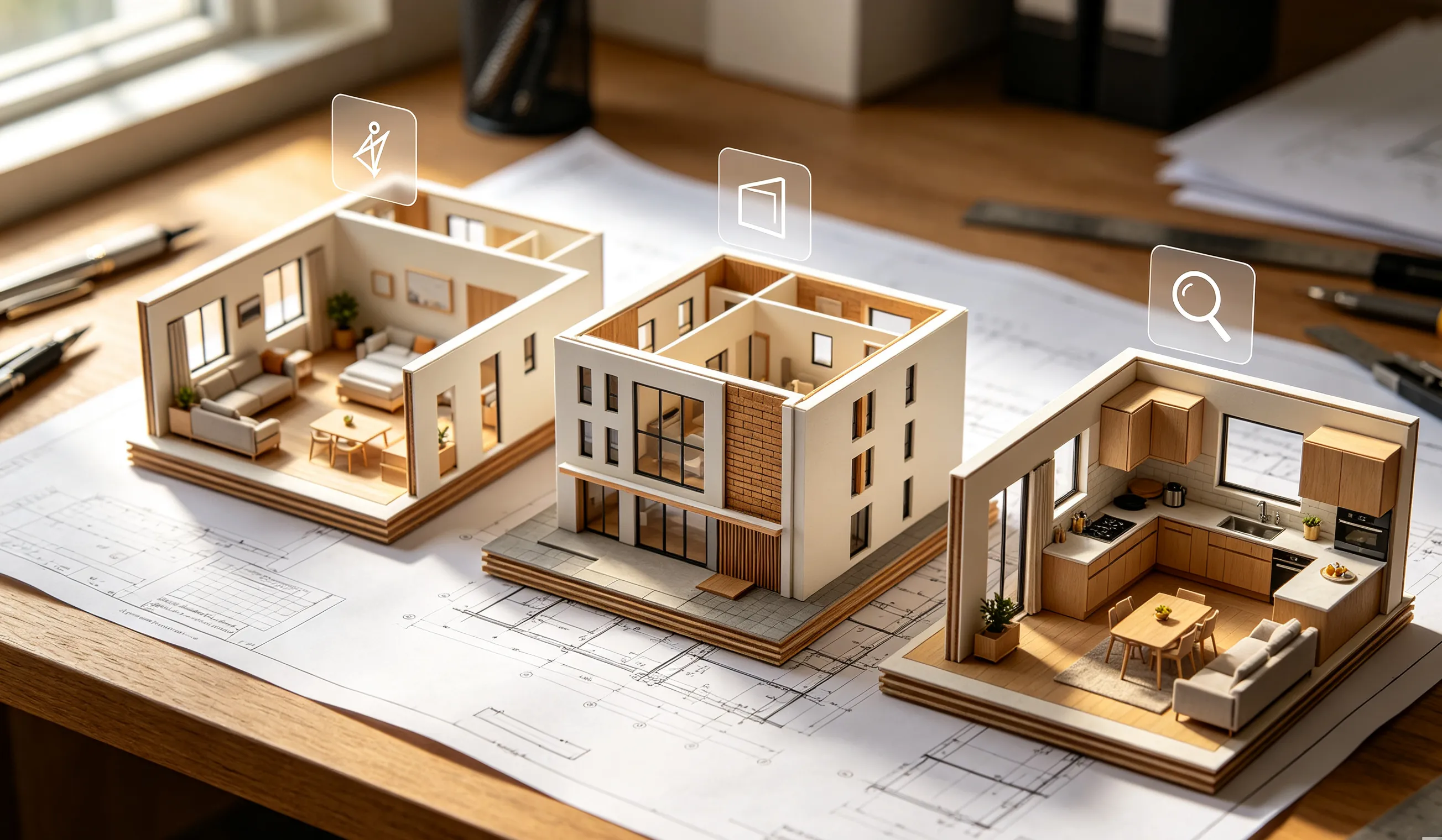 Angled and room-focused views of a furnished home layout
